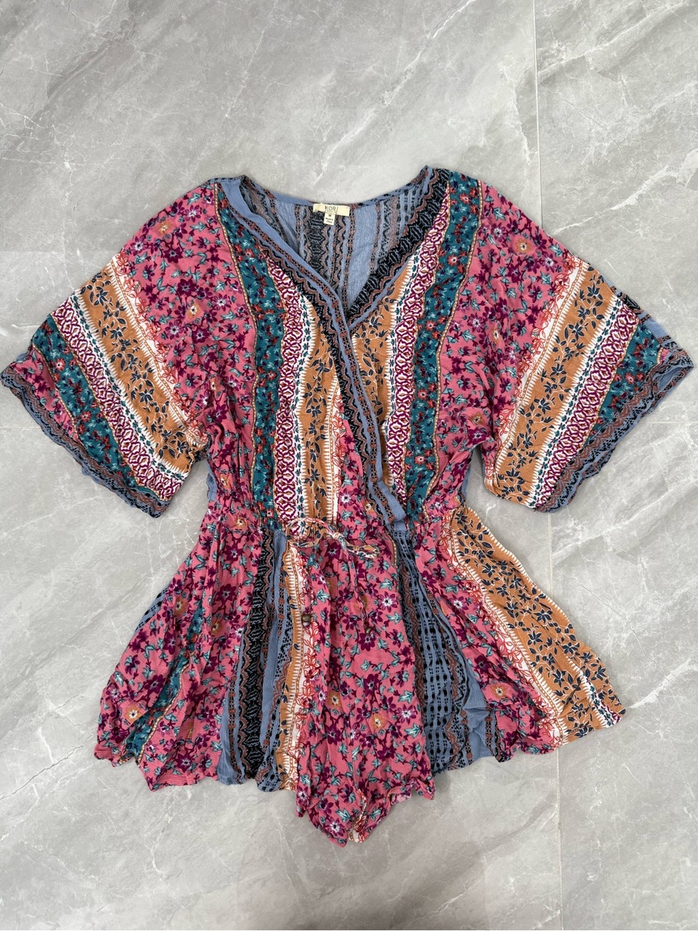 Women’s Kori America Boho Romper Floral Patchwork Kimono Sleeves Flawed Medium